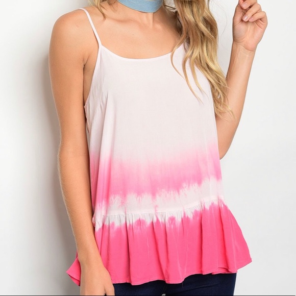Hot pink & white Tie Dye Tunic Ruffle Hem tank top - Picture 2 of 8